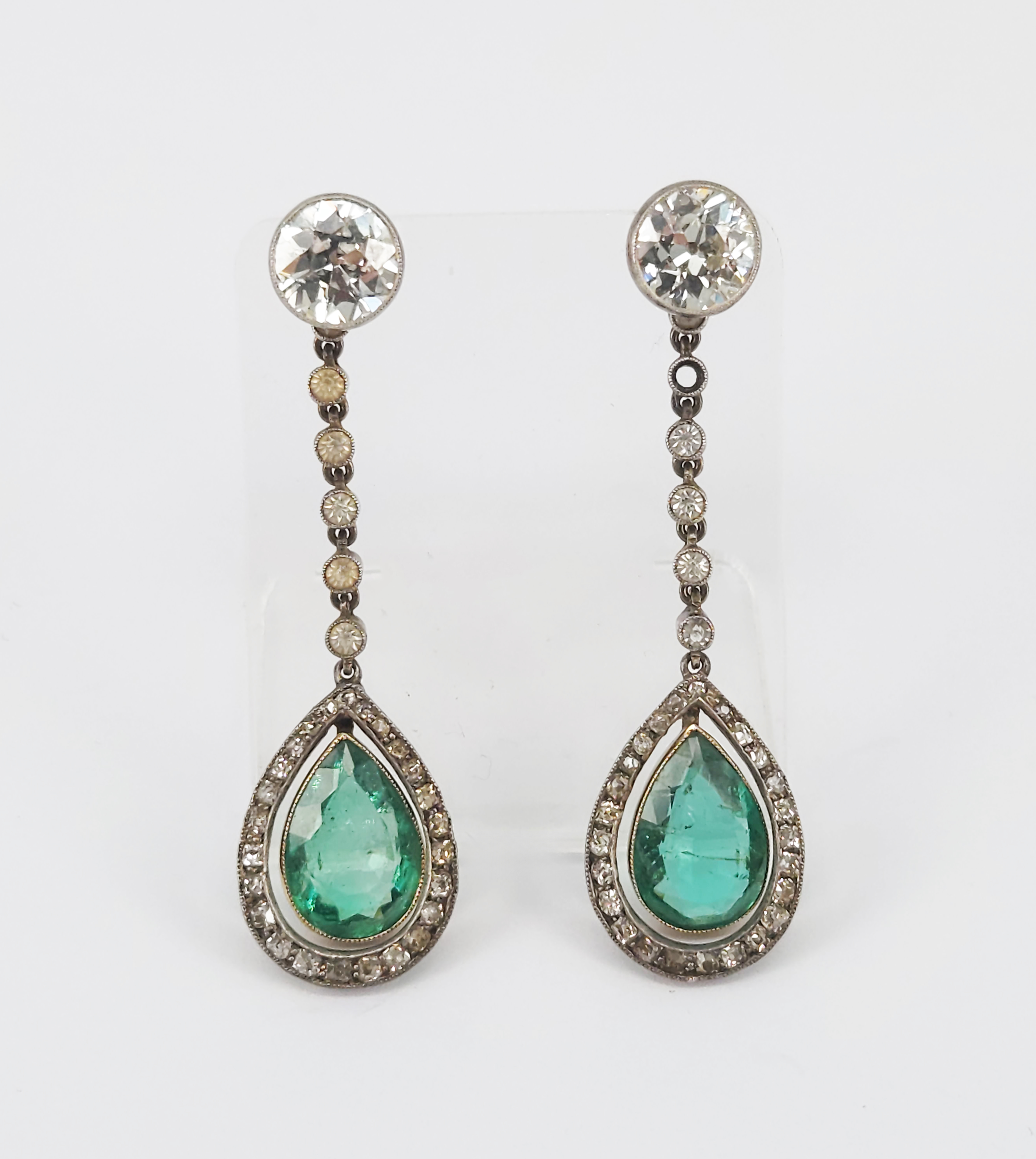 A Pair Of Antique Emerald And Diamond Drop Earrings