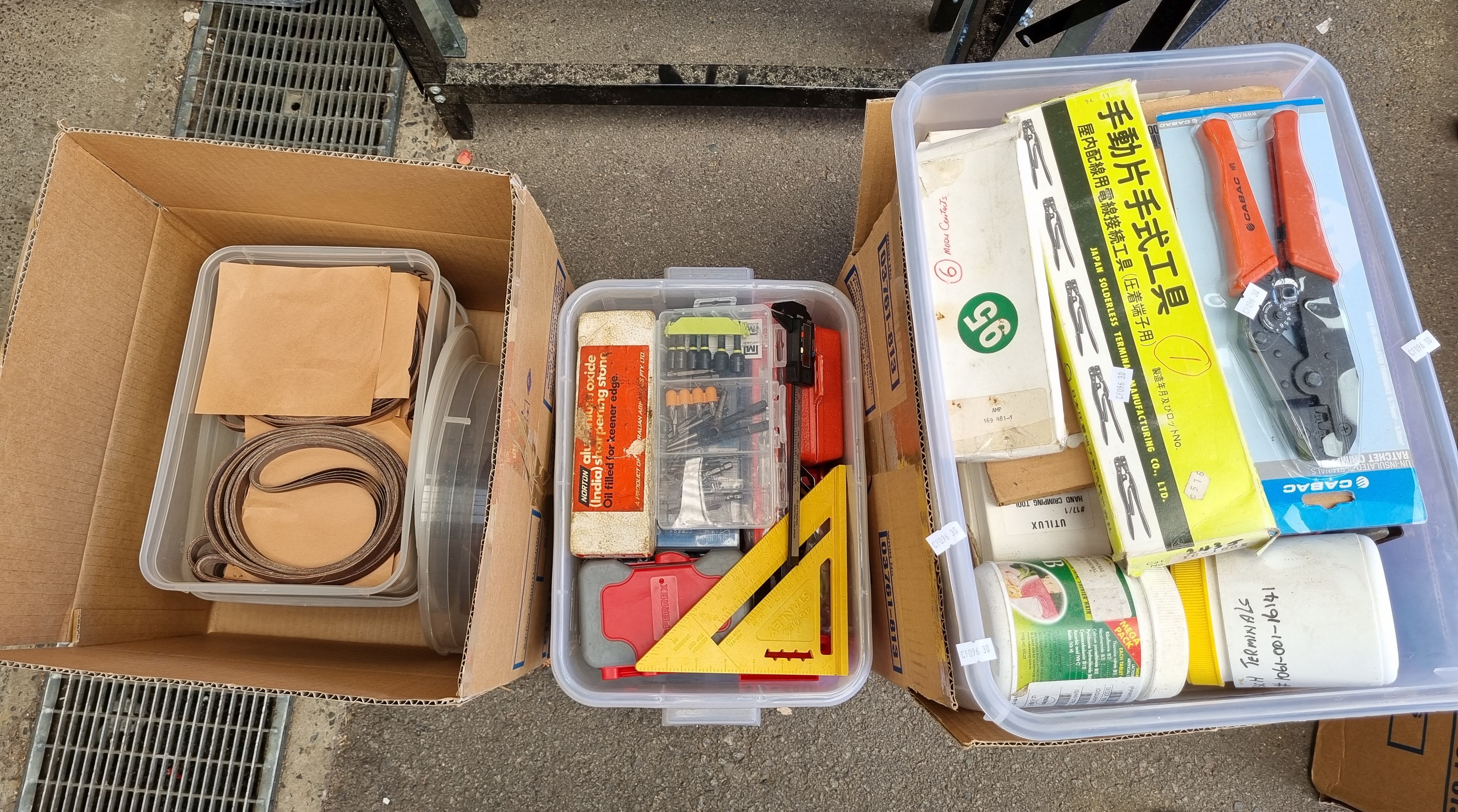 A GROUP OF BOXES OF TOOLS AND SHED CONTENTS