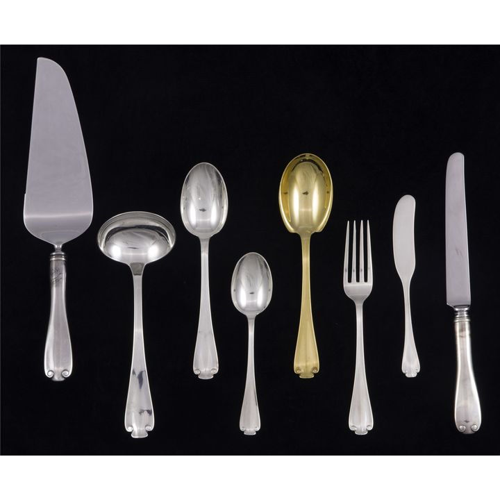 A (8) Tiffany Flemish sterling flatware: 5 pc place set, ladle, pie server & gilt spoon