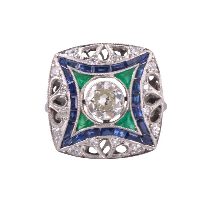 Platinum Diamond Sapphire Emerald Ring