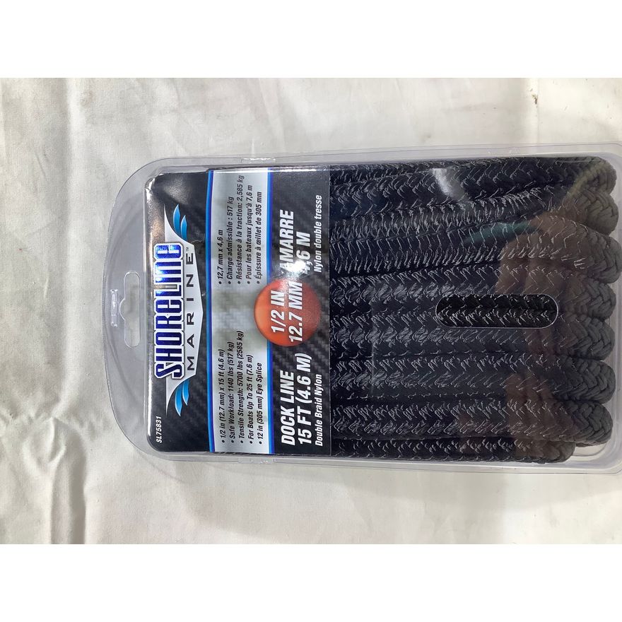 Shoreline Marine Dock Line Double Braid Nylon, 15ft, 1/2", Black