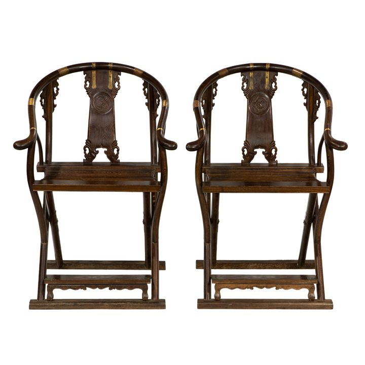 Pair of Chinese tielimu folding horseshoe-back armchairs