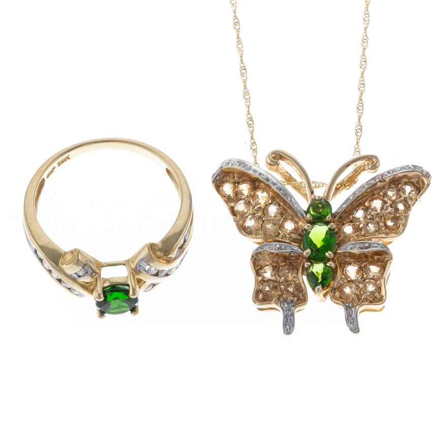 A Chrome Diopside Butterfly Pendant & Ring in Gold