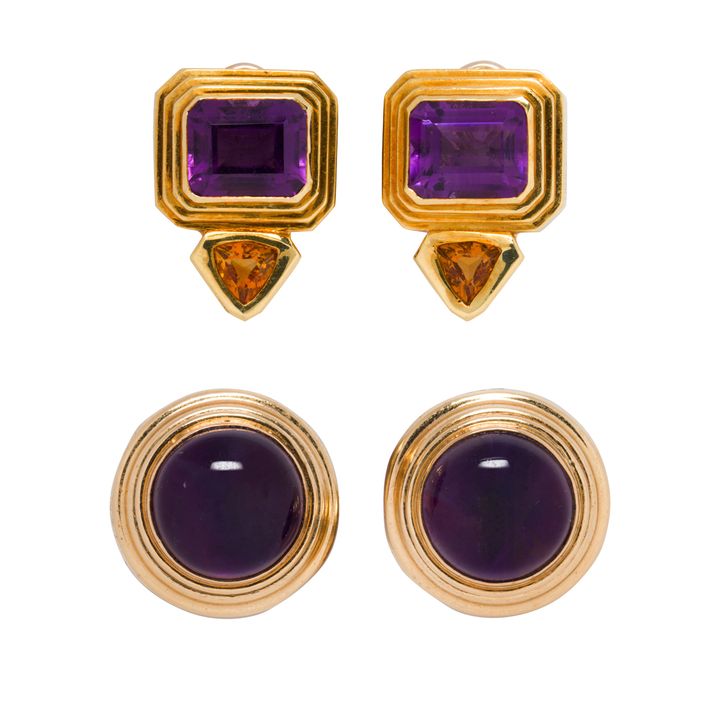 Two pairs of amethyst, citrine and gold ear clips