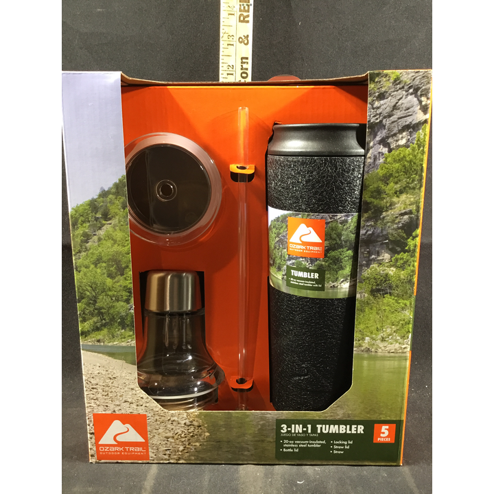 Ozark Trail 5pc 3-in-1 Tumber: Includes 20 oz vacuum-insulated stainless steel tumbler, bottle lid, locking lid, straw lid, & straw