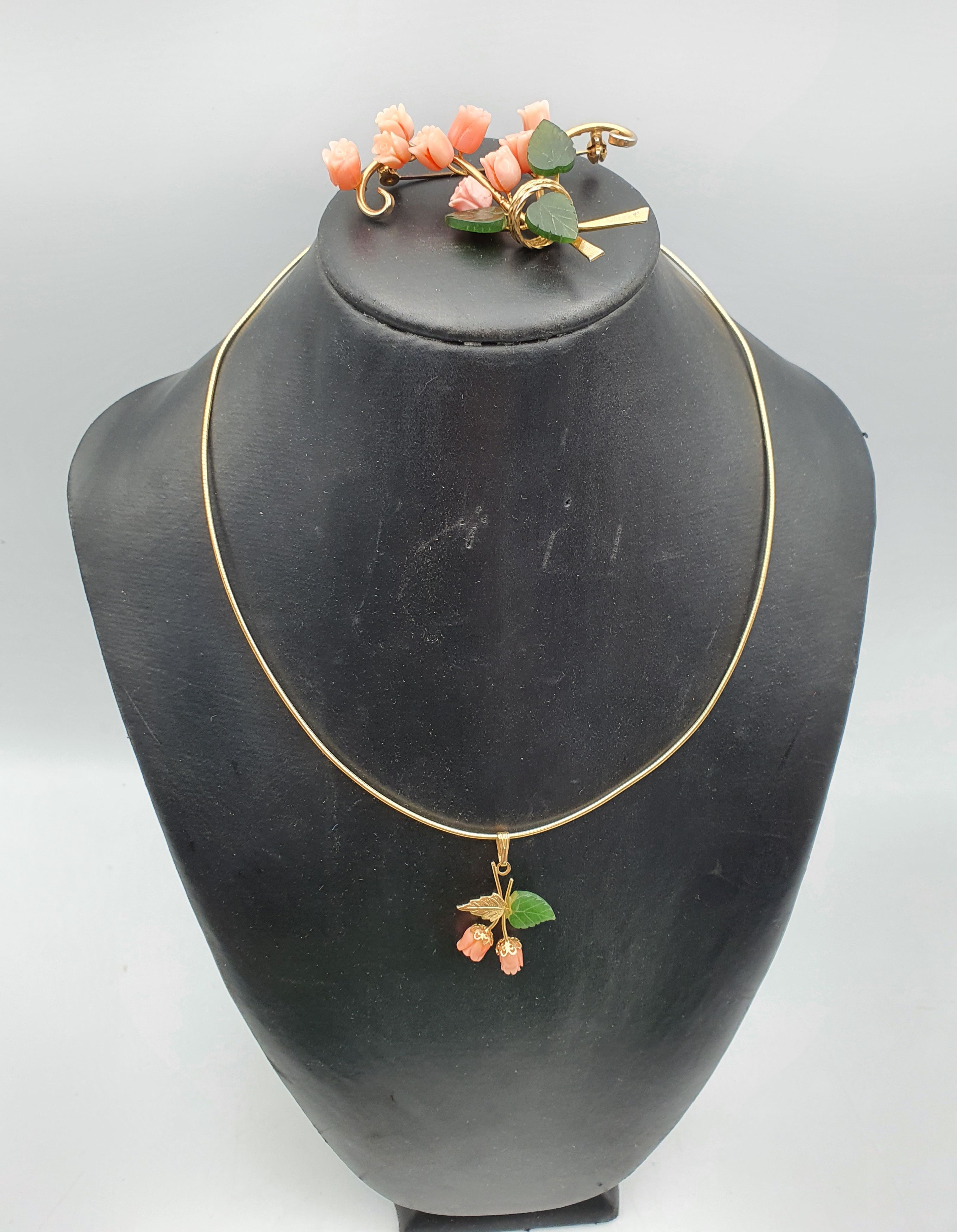 A Floral Pink And Green Stone Brooch And Pendant Necklace