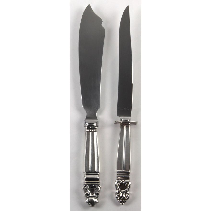 (lot of 2) Georg Jensen Danish sterling silver Acorn pattern knife set with stainless steel blades, consisting of a cheese knife, an...