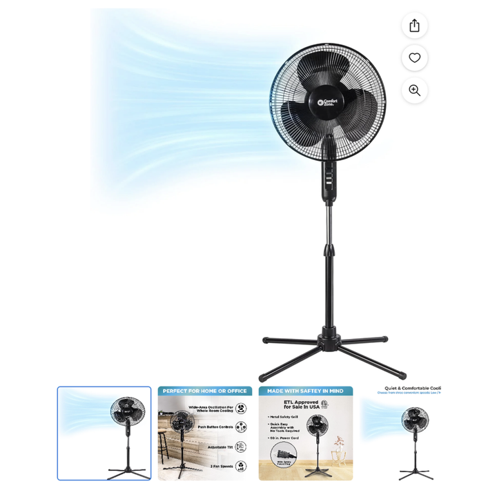 Comfort Zone 16" 3 Speed Black Oscillating Pedestal Fan