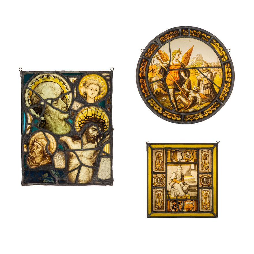 (lot of 3) Continental leaded and stained glass window panels