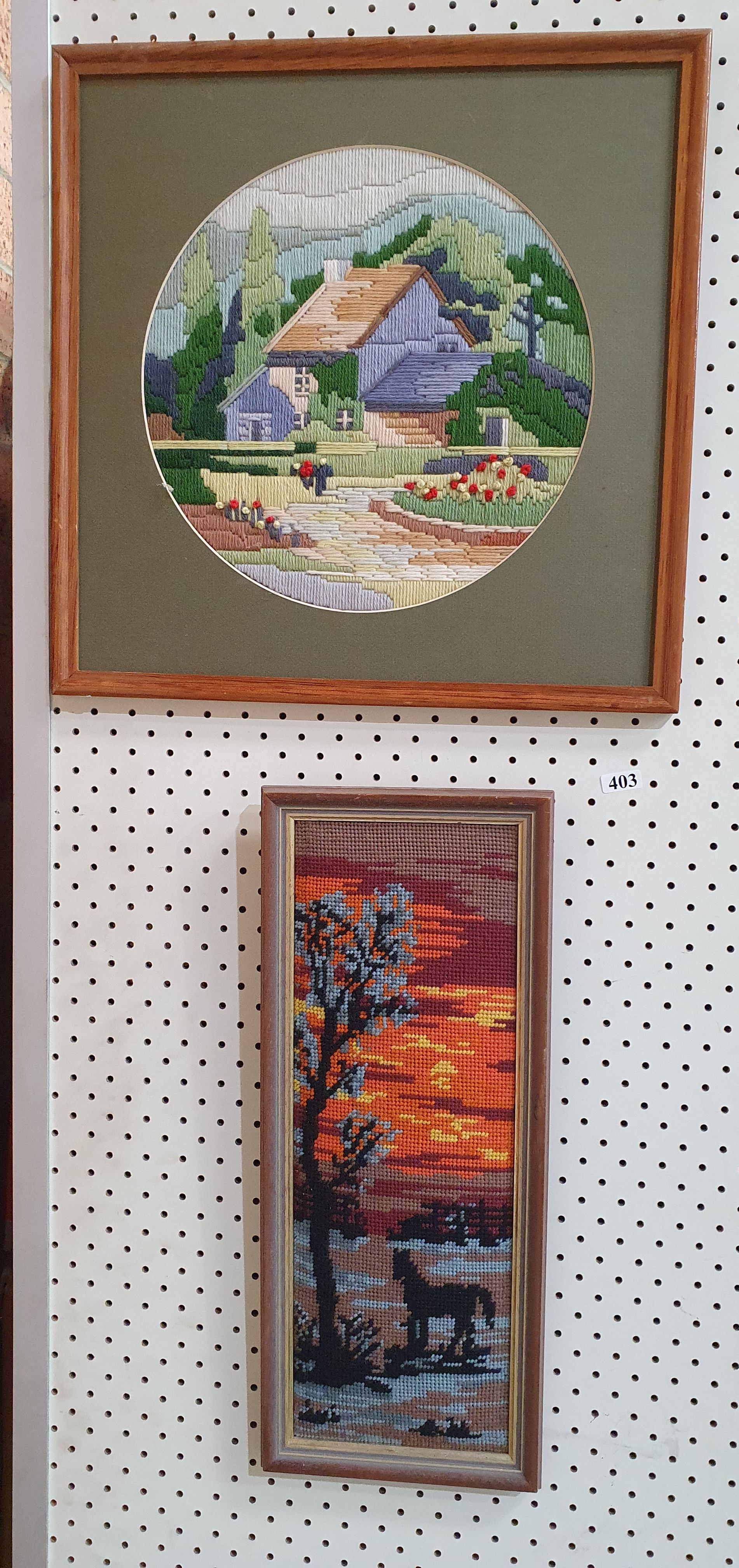 403 · TWO VARIOUS FRAMED WOOLWORK PIECES