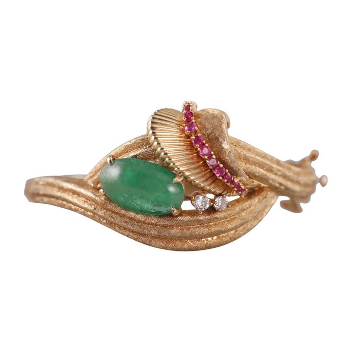 1960s 14k Gold Emerald Ruby Diamond Bangle Bracelet