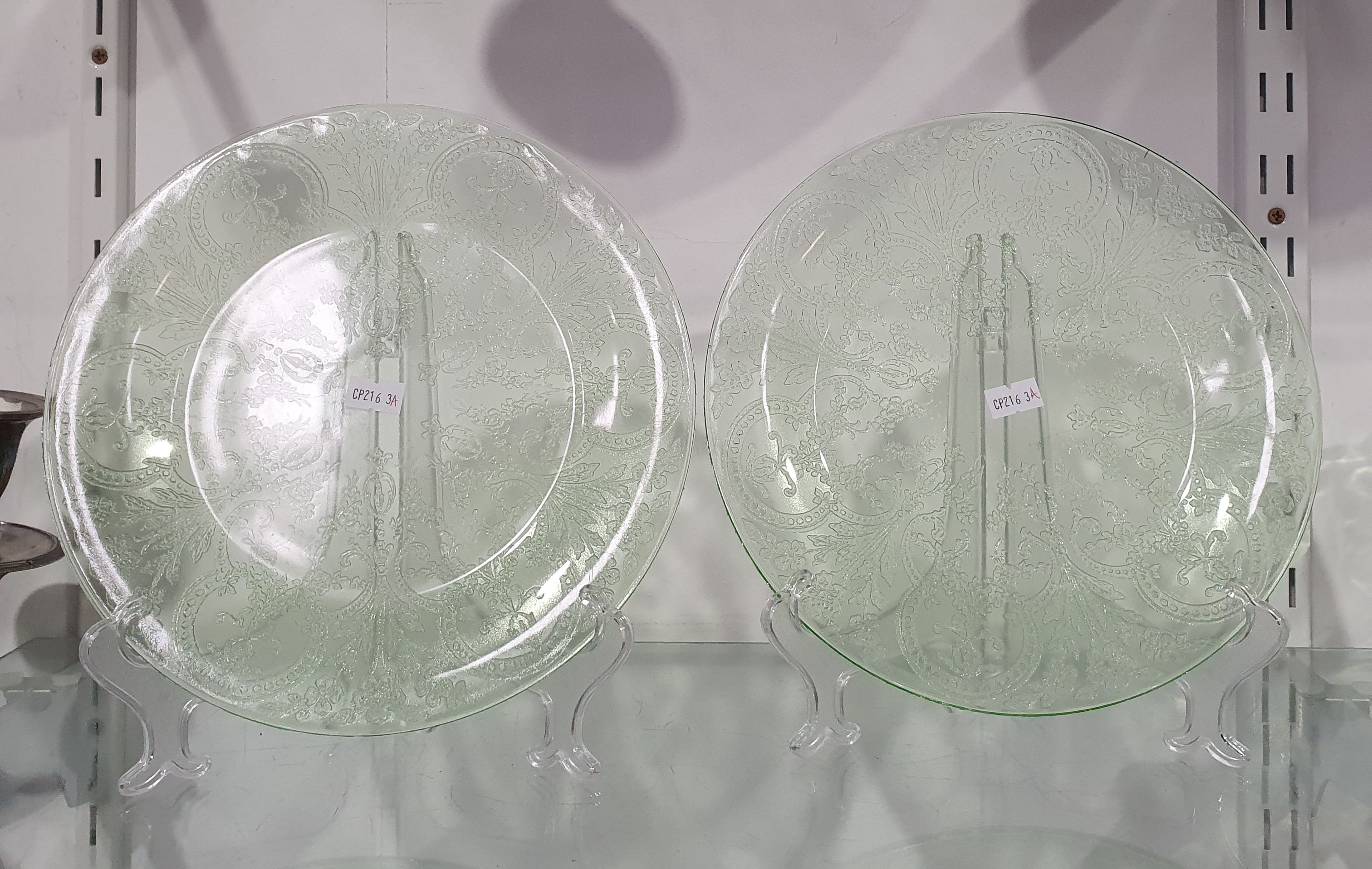 A PAIR OF INDIANA GLASS COMPANY GREEN URANIUM GLASS PLATES