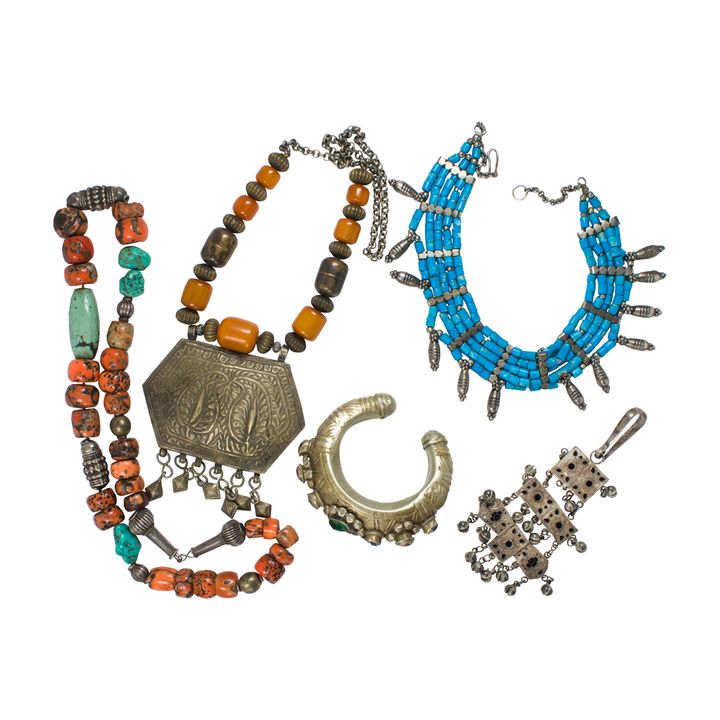 A group of silver and bead jewelry