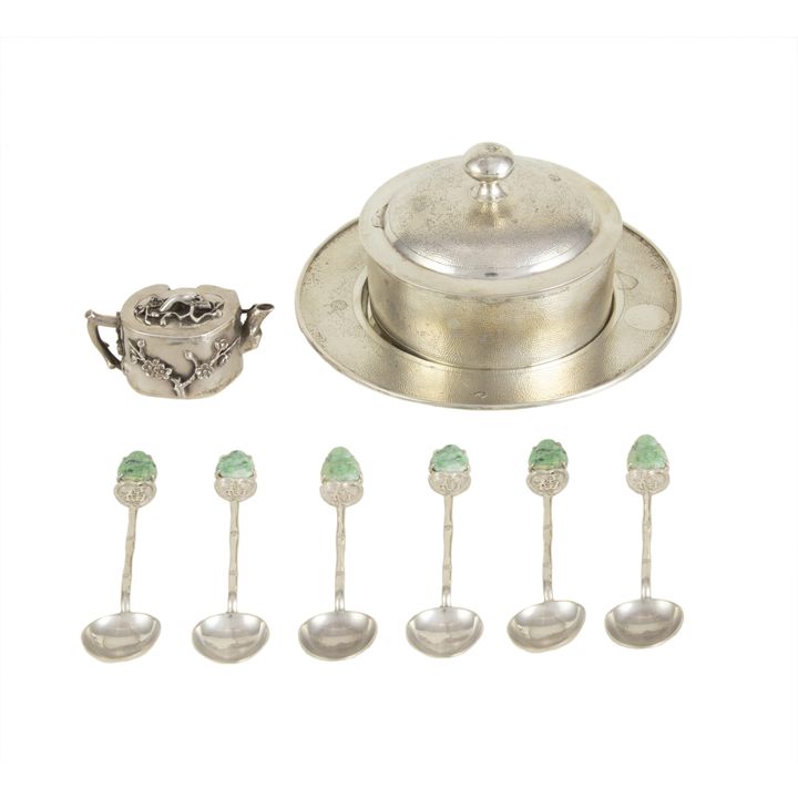 (lot of 9) Chinese silver Zeesung dish set, a mini teapot & 6 jade spns