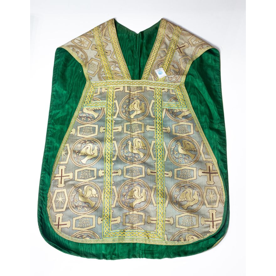 Damask liturgical chasuble with green moire lining