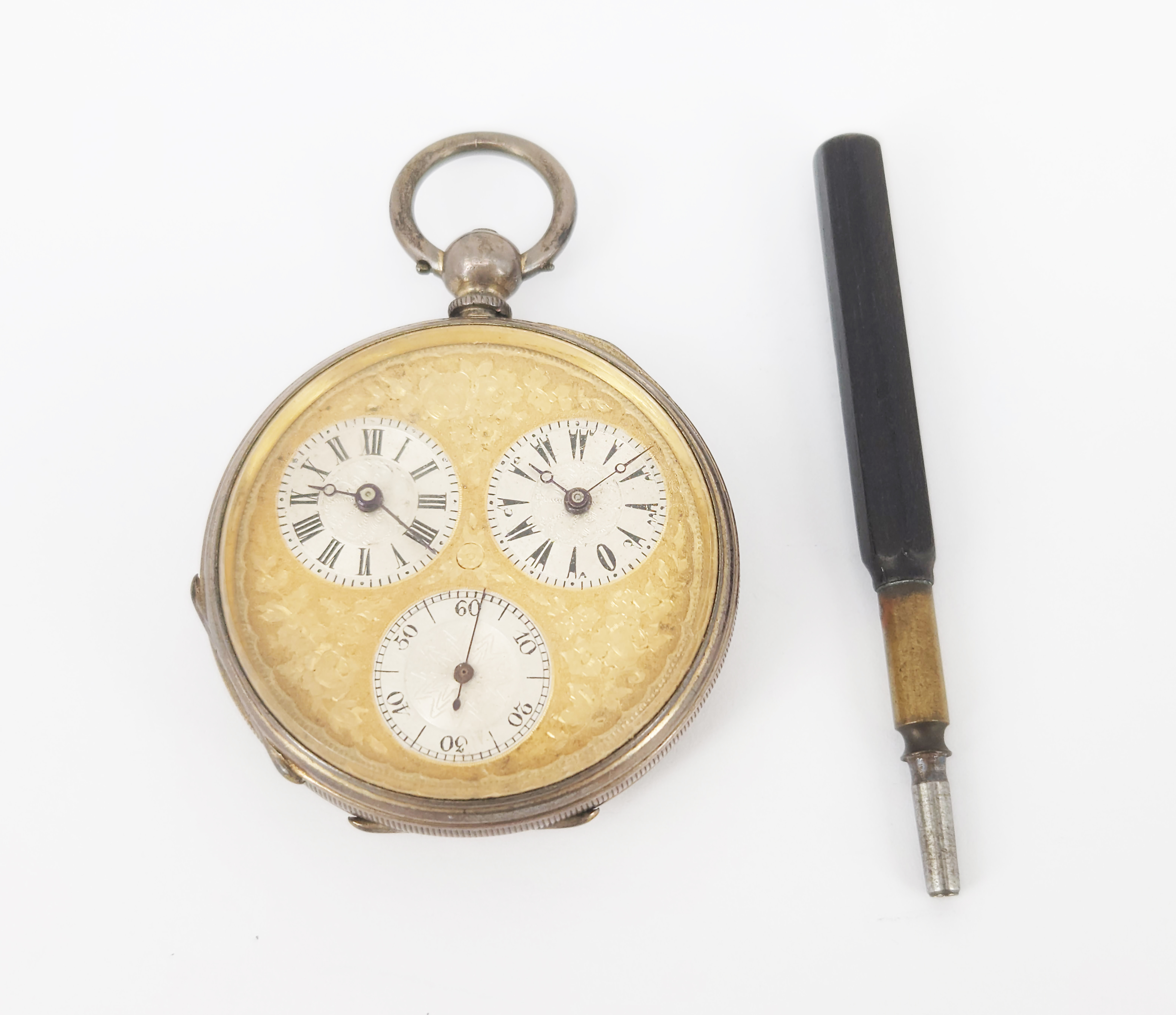 A Sterling Silver Dual Time Open Face 'Captain'S' Pocket Watch