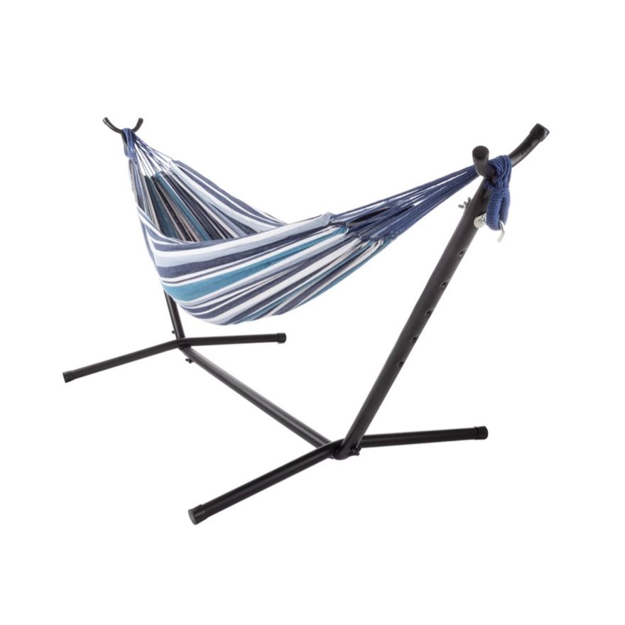 Pure Garden Striped Hammock & Stand 2pc Set - White & Blue Stripes
