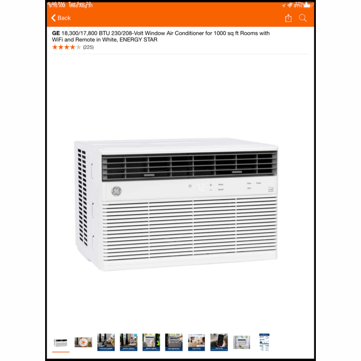 GE 18,300/17,800BTU 230/208-Volt Window AC for 1000sq ft Rooms w/WIFI & Remote in White