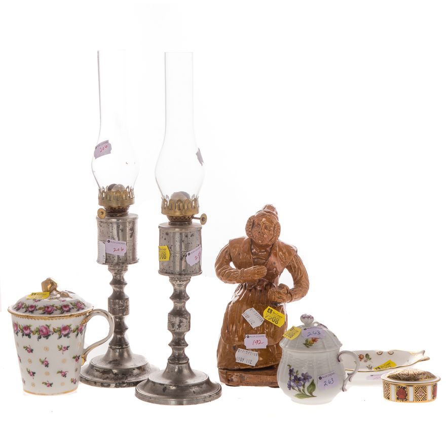Assorted items, including: pottery figure,