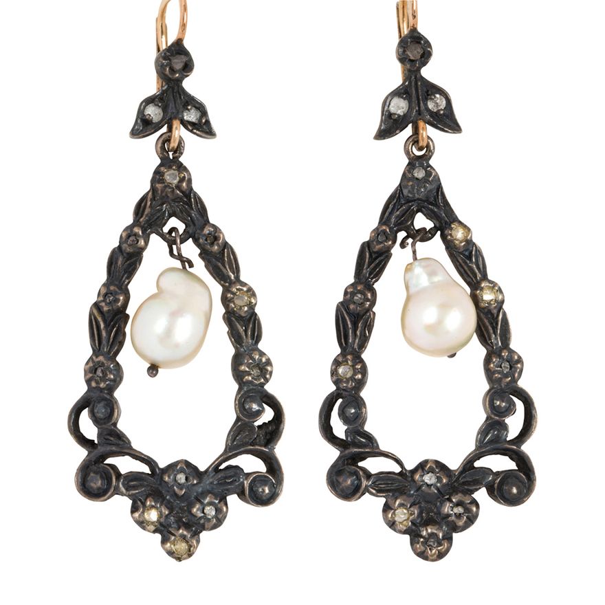 A pair of cultured pearl, diamond, silver and gold earrings