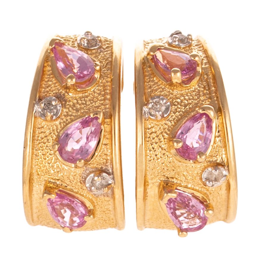A Pair of Pink Sapphire & Diamond Half Hoops in 14K