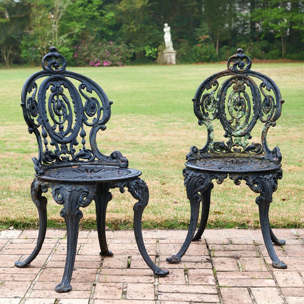 Pair Victorian cast iron garden chairs Pair Victorian cast iron garden chairs
