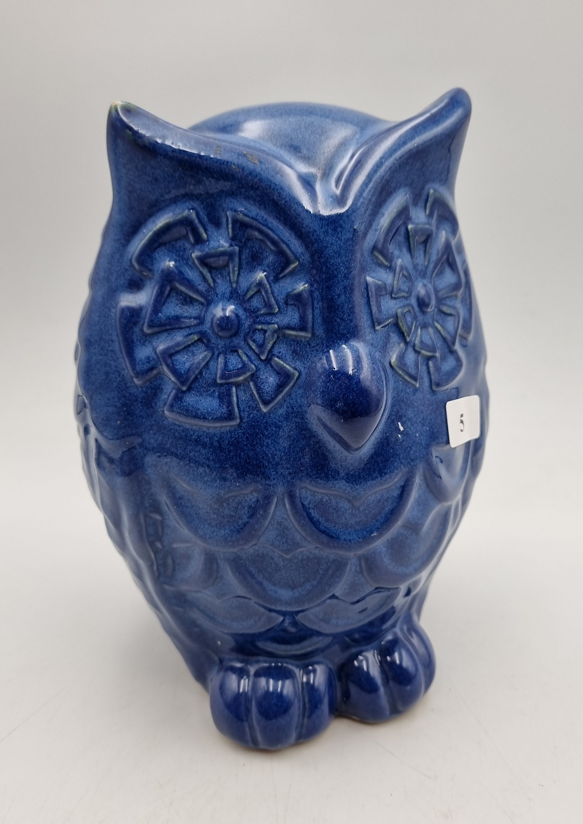 5 · A BLUE GLAZED CERAMIC OWL FIGURE