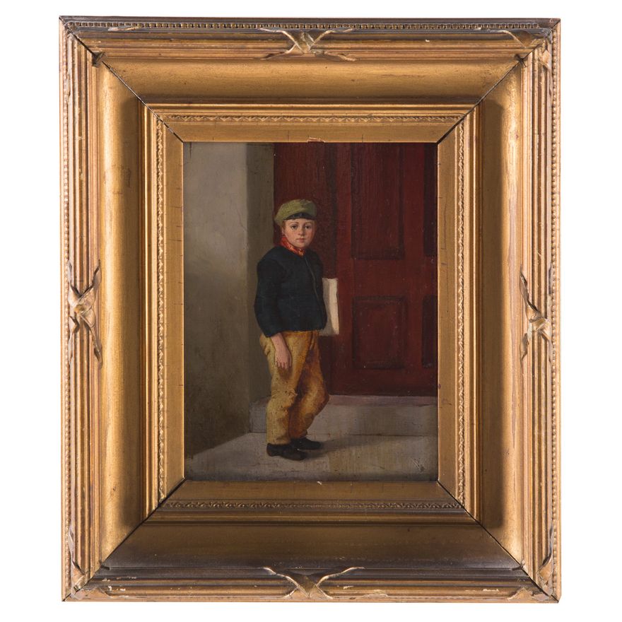 Howard Hemick. "Newsboy," oil on panel
