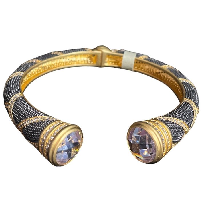 FREIDA ROTHMAN 14K Matte Gold & Black Rhodium Plated Sterling Silver W/ Cubic Zirconia Stone Bangle Bracelet