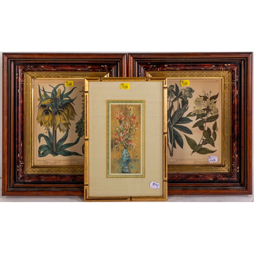 Two Framed Floral Prints & an Edna Hibel Print