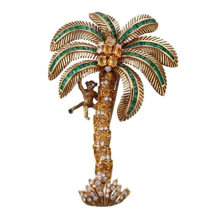 18k Gold Yellow Sapphire Emerald Diamond Monkey Palm Tree Brooch