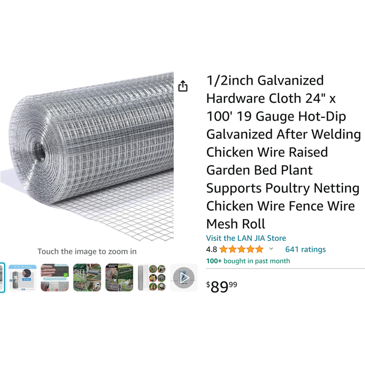 1/2" Galvanized Hardware Cloth 24" x 100' 19Gauge Hot-Dip Wire Fence Wire Mesh Roll