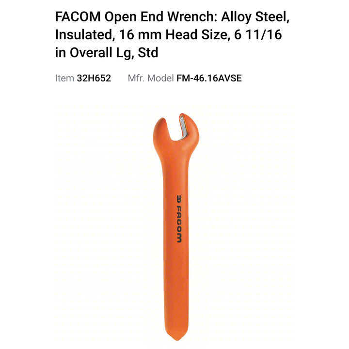 Facom Open End Wrench 16mm,6-11/16 In Overall Lg