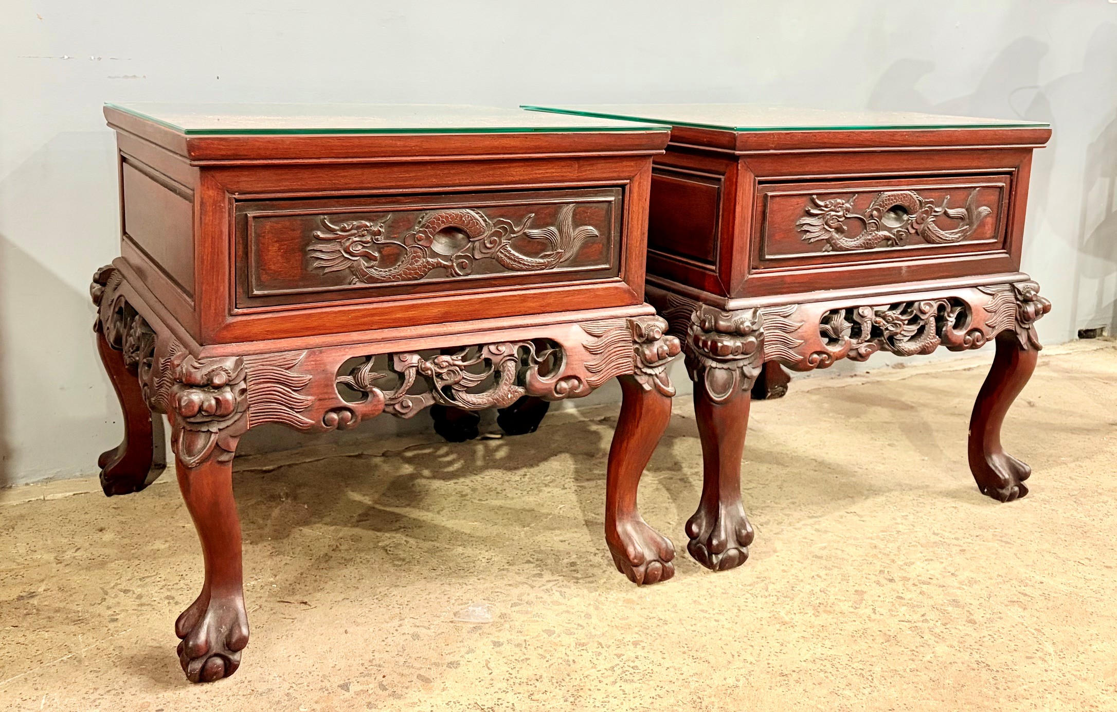 A PAIR OF CHINESE CARVED TIMBER SIDE TABLES