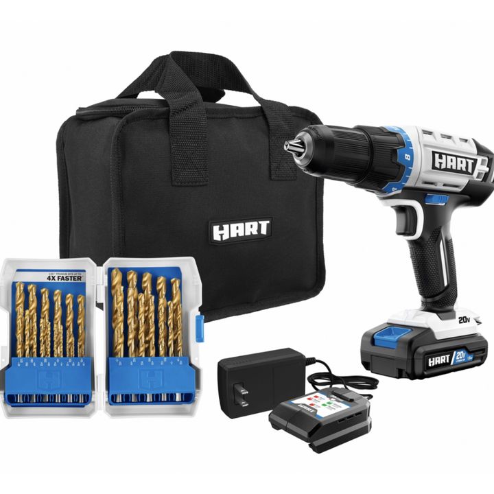 Hart 20V 1/2" Drill/Driver Value Kit: Includes Tool, Charger, Battery, Bit Set, & Carrying Bag