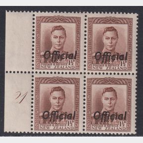 NZ Officials, 1938 1½d GVI chocolate plate block of 4, plate 21. CP MO4a. Cat …