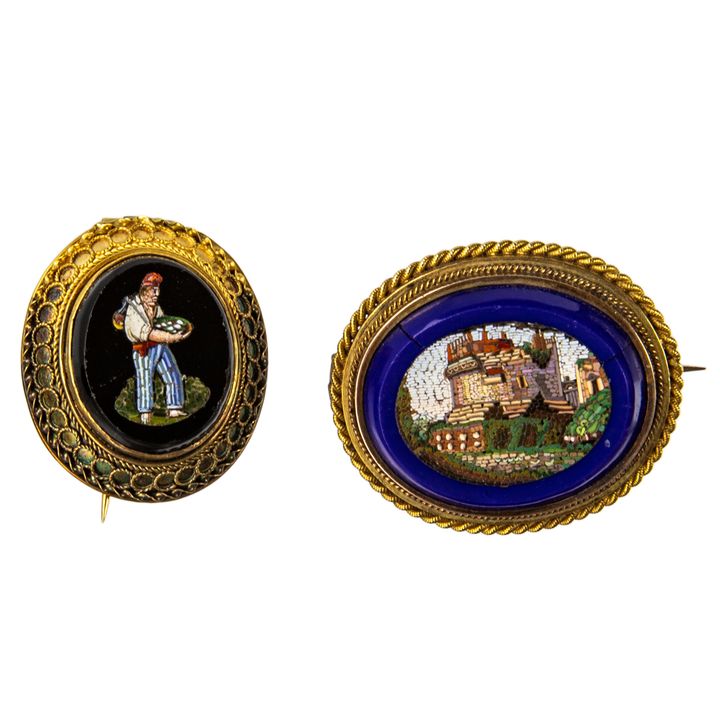 Two micro mosaic and 18k gold brooches