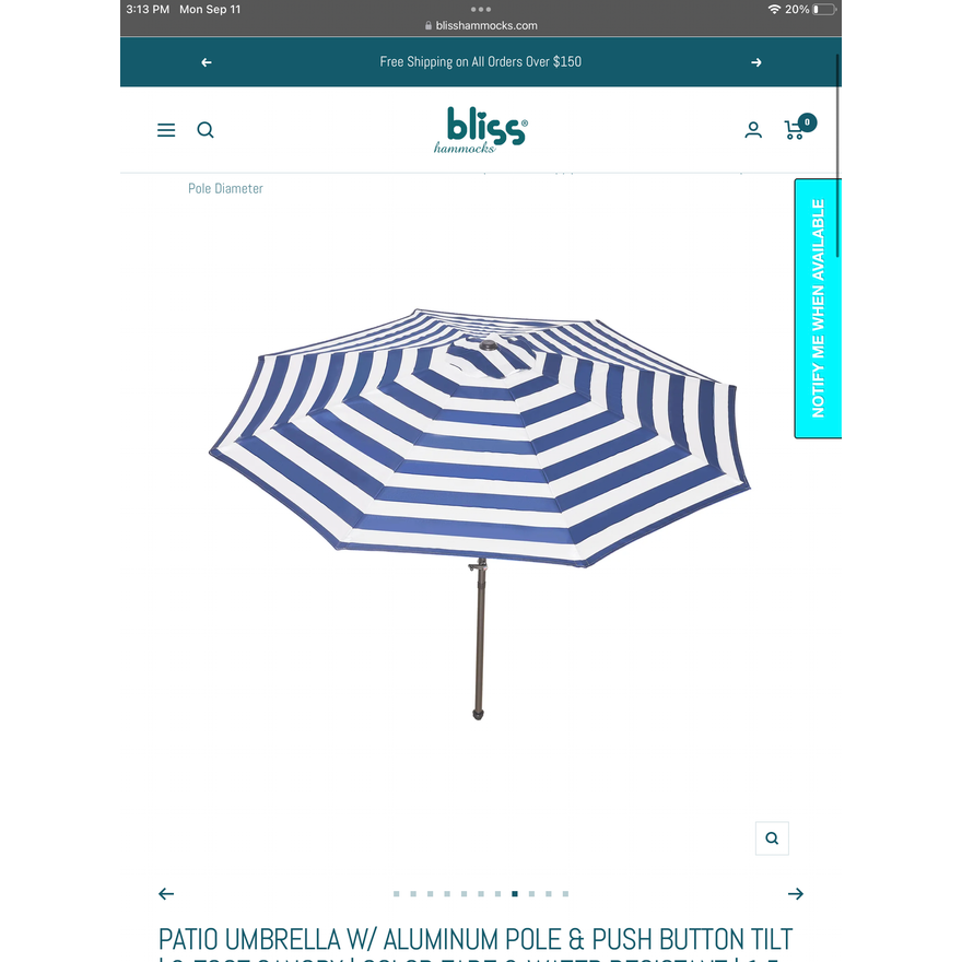 Bliss Hammocks Patio Umbrella With Aluminum Pole And Push Button Tilt, 9ft Canopy, 1.5" Pole Diameter