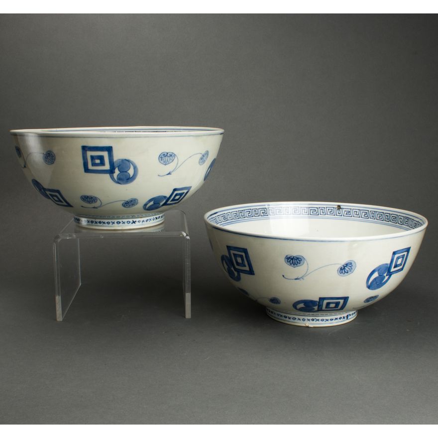 Pair of Japanese blue and white punch bowls