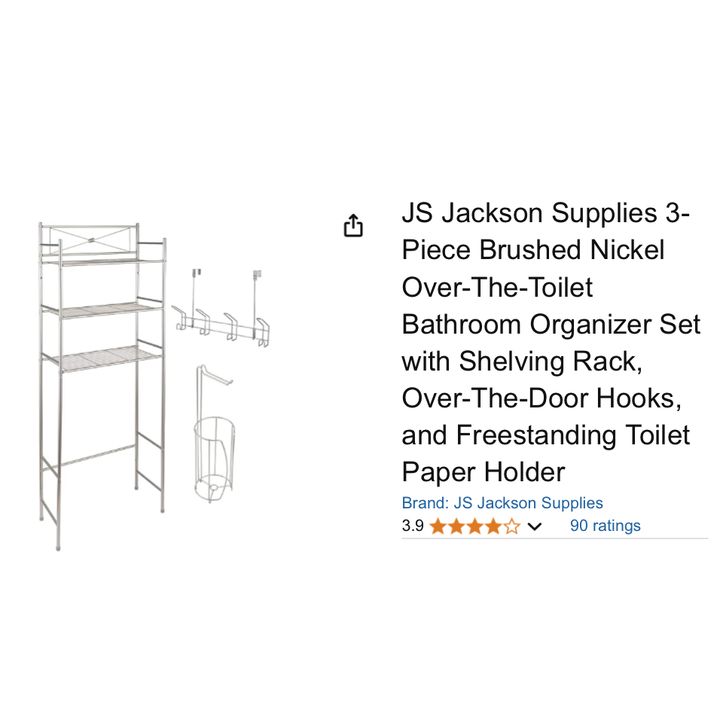 Jackson Supplies 3pc Brushed Nickel Over-The-Toilet Bathroom Storage Organizer Set with Over-The-Door Hooks & Toilet Paper Holder