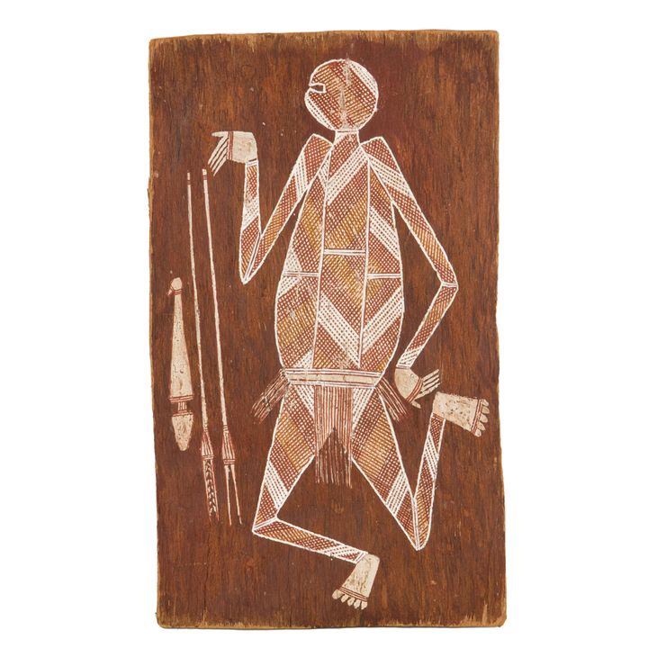 An aboriginal painting on bark of a Mimi with spears and a club