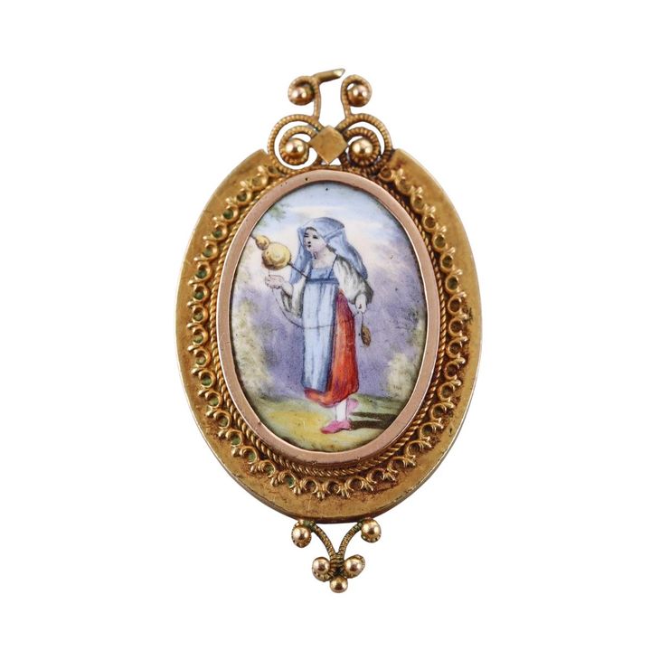Antique 18k Gold Hand Painted Miniature Painting Brooch Pin