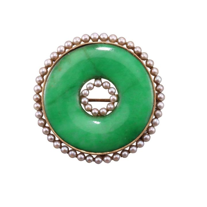 Art Deco 14k Gold Pearl Jade Brooch Pin