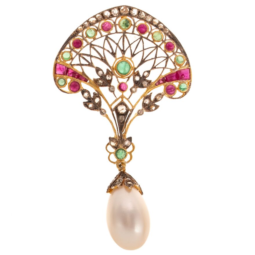 A Gemstone & Pearl Drop Pendant