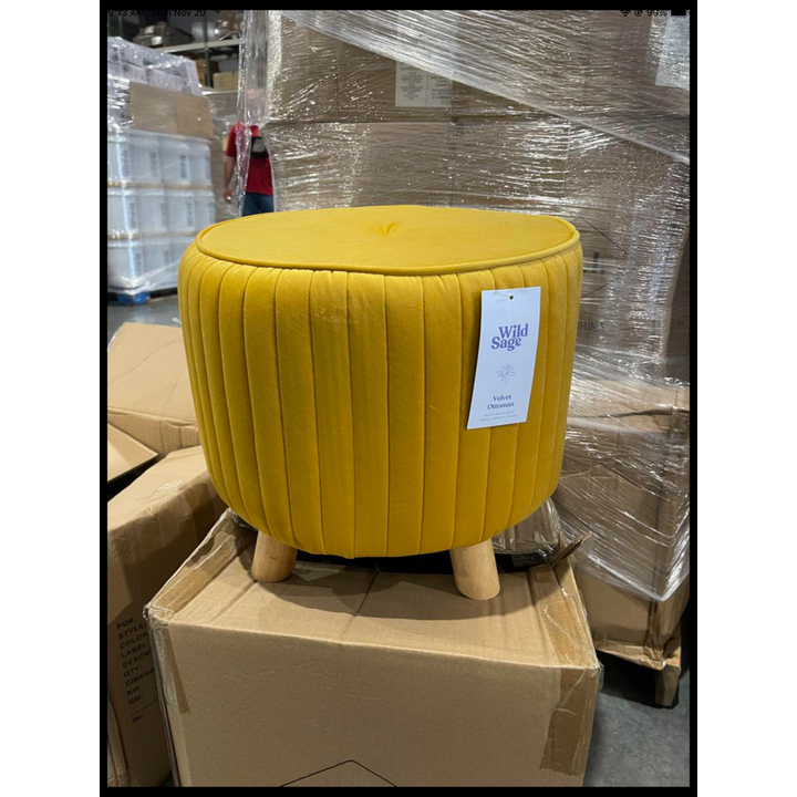 Wild Sage Yellow Velvet Ottoman 16"D x 16"W x 14"H