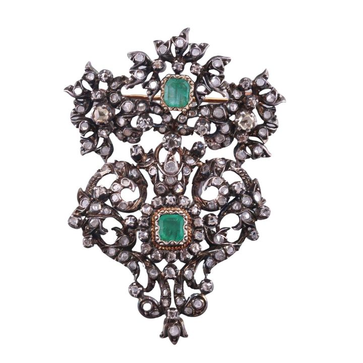 Antique Silver Gold Emerald Diamond Brooch Pin