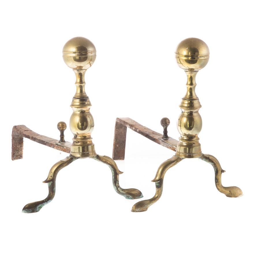 Pair of Federal brass cannon ball top andirons