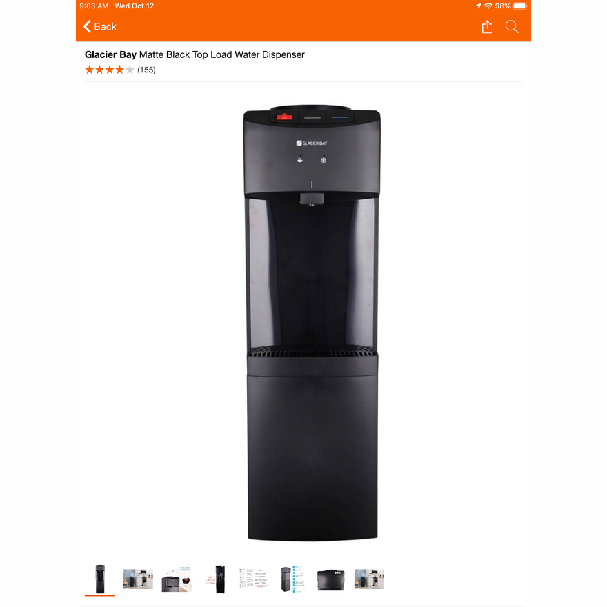 Glacier Bay Matte Black Top Load Water Dispenser 39.37inH x 12.99inD x 11.81inW)