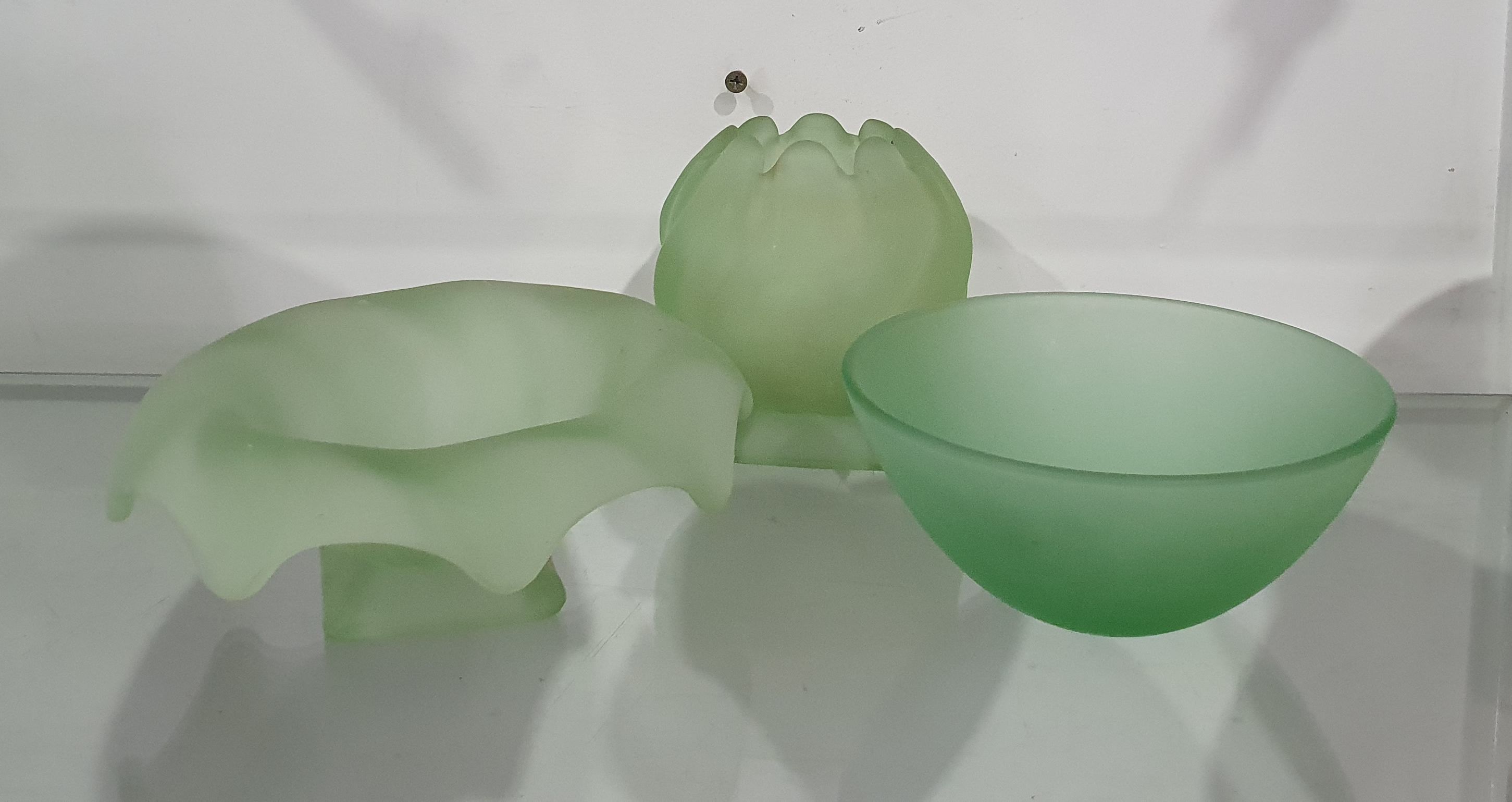 A Collection Of Three Various Frosted Green Depression Glass Items