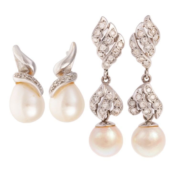 Two Pair of Diamond & Pearl Earrings in 14K